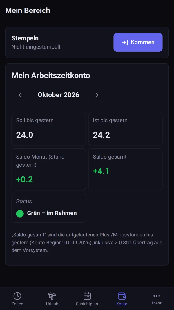 ZeitBar app: Arbeitszeitkonto mit Soll, Ist und Saldo (Beispieldaten)